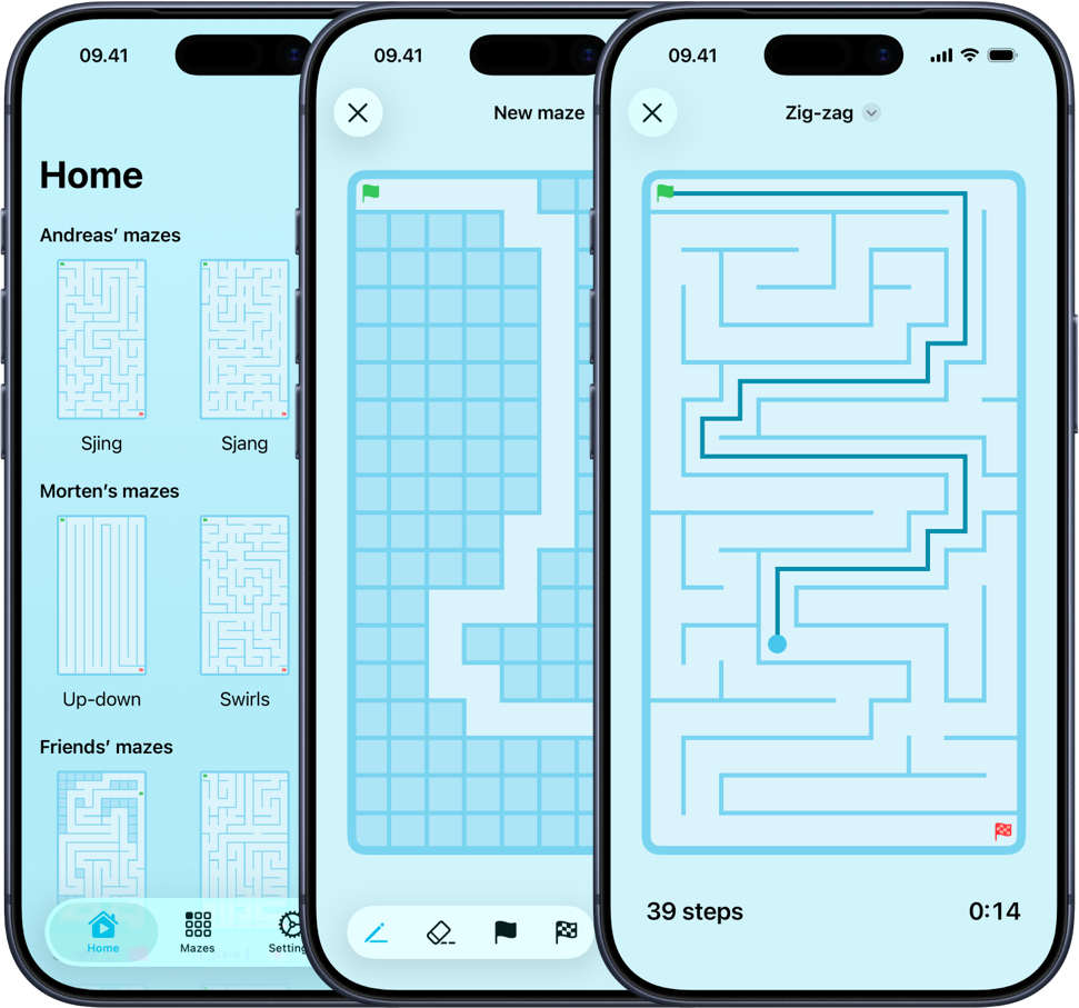 Miniotaur maze feed on iPhone showing featured mazes